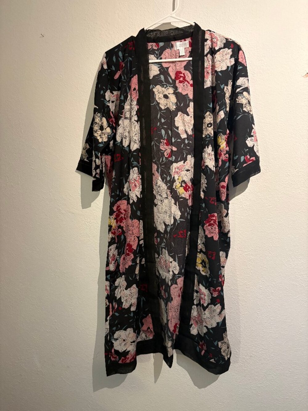 Summer & Rose Black Floral Long Kimono Duster Robe Cover Up One Size